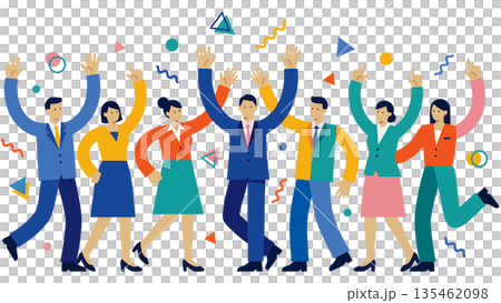 一幅插圖描繪了一個多元化的商業團隊在達成目標後慶祝的場景，他們在漫天飛舞的彩帶中高舉雙臂。 135462098