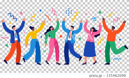 一幅插圖描繪了一個多元化的商業團隊在達成目標後慶祝的場景，他們在漫天飛舞的彩帶中高舉雙臂。 135462099