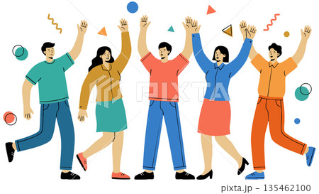 目標を達成し、ひらひらと舞う紙吹雪の中でバンザイ歓喜する多様なビジネスチームのイラスト 135462100