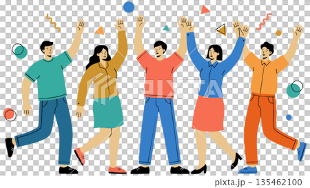 目標を達成し、ひらひらと舞う紙吹雪の中でバンザイ歓喜する多様なビジネスチームのイラスト 135462100