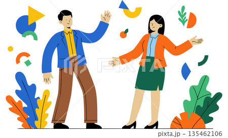 目標を達成し、ひらひらと舞う紙吹雪の中でバンザイ歓喜する多様なビジネスチームのイラスト 目標を達成し、ひらひらと舞う紙吹雪の中でバンザイ歓喜する多様なビジネスチームのイラスト 135462106
