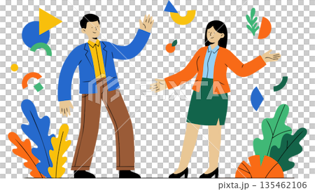 一幅插圖描繪了一個多元化的商業團隊在達成目標後慶祝的場景，他們在漫天飛舞的彩帶中高舉雙臂。 135462106