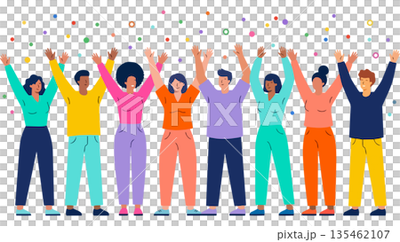 一幅插圖描繪了一個多元化的商業團隊在達成目標後慶祝的場景，他們在漫天飛舞的彩帶中高舉雙臂。 135462107