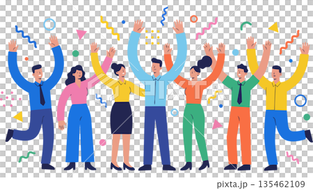 一幅插圖描繪了一個多元化的商業團隊在達成目標後慶祝的場景，他們在漫天飛舞的彩帶中高舉雙臂。 135462109