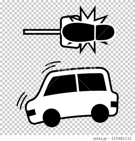 急ブレーキで前のめりになる車とペダルを踏む足　白黒のアイコンイラスト 135462112