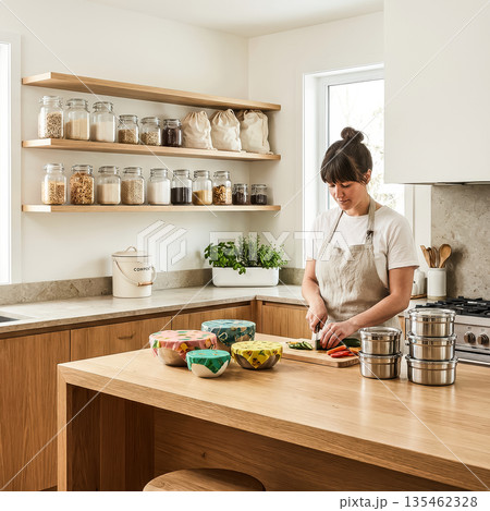 A woman cooks in a modern, sustainable kitchen featuring bulk foods, a compost bin, and reusable containers, promoting a zero-waste lifestyle.. High quality photo 135462328