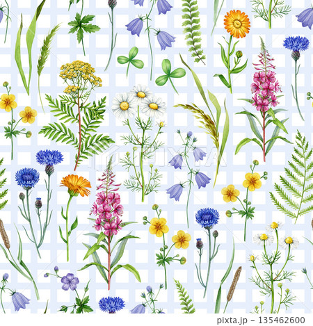Meadow wildflowers seamless pattern element vintage style watercolor illustration. Hand drawn chamomile, cornflower, bluebell, fireweed, fern blooming summer flowers decor on checkered background. Meadow wildflowers seamless pattern element vintage style watercolor illustration. Hand drawn chamomile, cornflower, bluebell, fireweed, fern blooming summer flowers decor on checkered background. 135462600