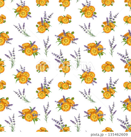 Calendula and lavender flowers seamless pattern decor element watercolor illustration. Hand drawn fresh calendula garden flowers mixed with lavender stems floral bright element on white background 135462609