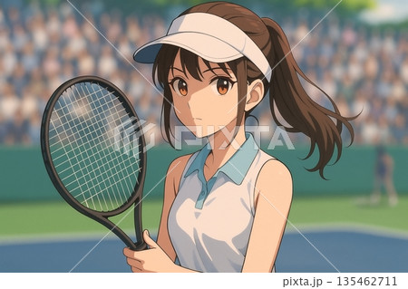 テニスコートで集中する女性プレイヤーの静かな緊張感 テニスコートで集中する女性プレイヤーの静かな緊張感 135462711