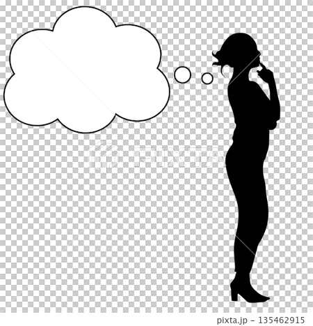 Silhouette illustration of a thinking woman and a cloud-shaped speech bubble Silhouette illustration of a thinking woman and a cloud-shaped speech bubble 135462915