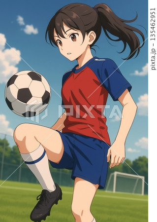 サッカーボールを見つめる真剣な表情の女子選手 135462951