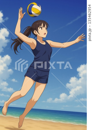 海辺でジャンプするビーチバレーの女性選手 135462954