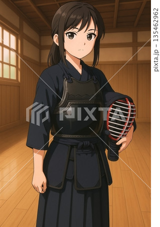 防具を手に立つ剣道少女と静かな道場の空気 135462962