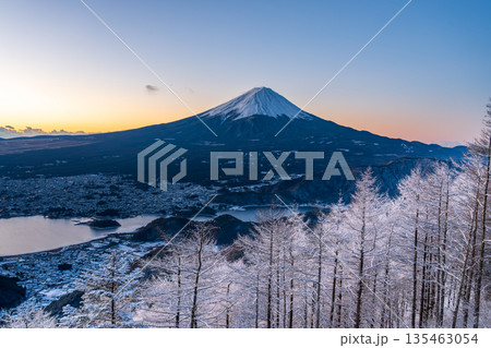 雪景色の新道峠から樹氷と夜明けの富士山 雪景色の新道峠から樹氷と夜明けの富士山 135463054