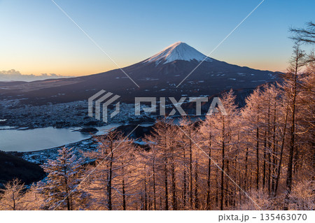 雪景色の新道峠から樹氷と夜明けの富士山 135463070