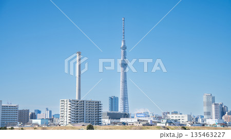 「東京都」荒川河川敷から眺める東京スカイツリー 「東京都」荒川河川敷から眺める東京スカイツリー 135463227