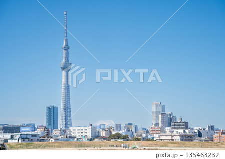 「東京都」荒川河川敷から眺める東京スカイツリー 「東京都」荒川河川敷から眺める東京スカイツリー 135463232