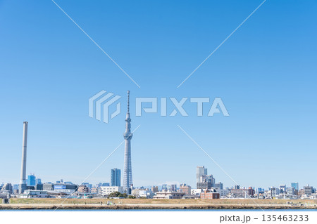 「東京都」荒川河川敷から眺める東京スカイツリー 135463233