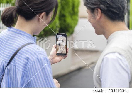 スマホでペットカメラに映る留守番中の愛犬の様子を確認する中高年夫婦 イメージ スマホでペットカメラに映る留守番中の愛犬の様子を確認する中高年夫婦 イメージ 135463344