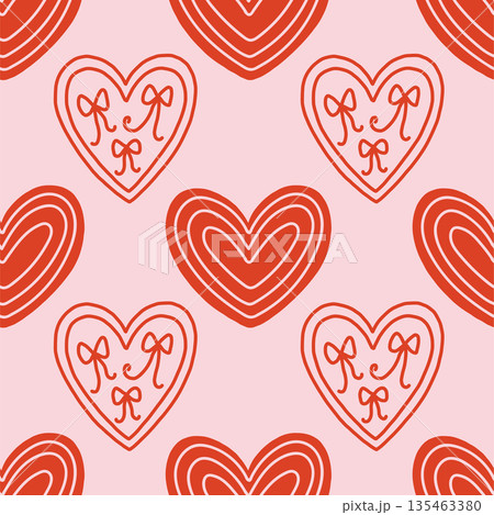 Vector seamless pattern with decorative hearts in a whimsical doodle style. Romantic pink and red design inspired by folk art, perfect for Valentines Day, wrapping paper, textiles, and branding 135463380