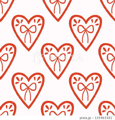 Vector seamless pattern with decorative hearts in a whimsical doodle style. Romantic pink and red design inspired by folk art, perfect for Valentines Day, wrapping paper, textiles, and branding 135463381