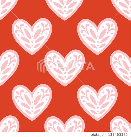 Vector seamless pattern with decorative hearts in a whimsical doodle style. Romantic pink and red design inspired by folk art, perfect for Valentines Day, wrapping paper, textiles, and branding 135463382