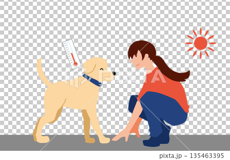 手繪狗插圖：主人正在檢查瀝青路面的溫度 135463395
