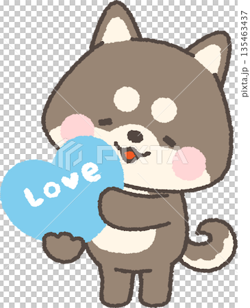 一隻黑色柴犬抱著一顆心，上面寫著「愛」字。 135463437