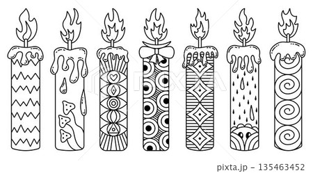 Black line candle vector set, illustrations with psychedelic patterns. Different decorative candles with melted wax and flame. Monochrome outline signs. Mind-blowing cliparts with abstract shapes Black line candle vector set, illustrations with psychedelic patterns. Different decorative candles with melted wax and flame. Monochrome outline signs. Mind-blowing cliparts with abstract shapes 135463452