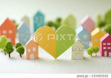 ハートと笑顔が広がる優しい街づくり ペーパークラフト風3D ハートと笑顔が広がる優しい街づくり ペーパークラフト風3D 135463593