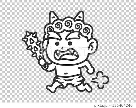 金棒を持って走る、赤鬼(線画)のイラスト 金棒を持って走る、赤鬼(線画)のイラスト 135464240