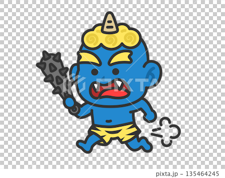 一幅藍色惡魔(線描彩色)手持金屬棒奔跑的插圖 一幅藍色惡魔(線描彩色)手持金屬棒奔跑的插圖 135464245