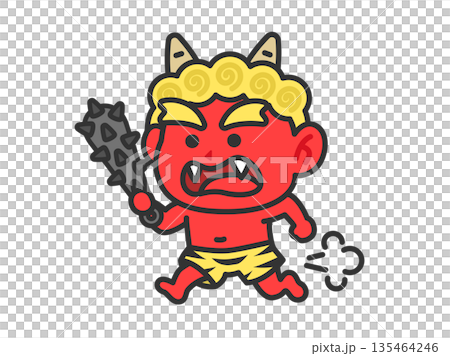 一幅紅色惡魔(線描彩色)手持金屬棒奔跑的插圖 一幅紅色惡魔(線描彩色)手持金屬棒奔跑的插圖 135464246