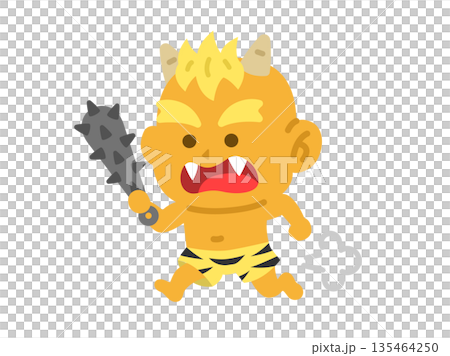 一幅黃色惡魔手持金屬棒奔跑的插圖 一幅黃色惡魔手持金屬棒奔跑的插圖 135464250