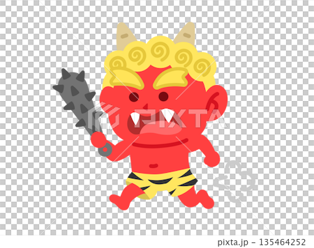 一幅紅色惡魔手持金屬棒奔跑的插圖 135464252