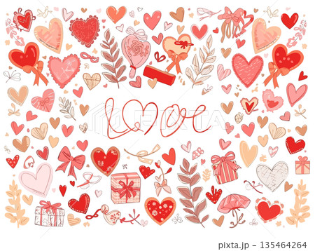 バレンタイン向け かわいいイラスト素材 パステルカラー 手描き風 135464264