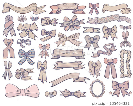 パステルカラーでかわいいリボンのイラスト素材、装飾・ワンポイントに使えるやさしいデザイン パステルカラーでかわいいリボンのイラスト素材、装飾・ワンポイントに使えるやさしいデザイン 135464321