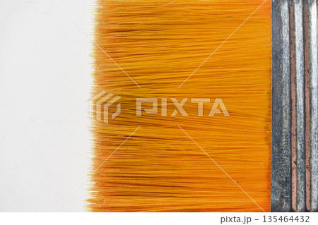 Macro view of a flat paintbrush with vibrant orange synthetic bristles and a metal ferrule. Isolated on a white background, perfect for art, craft, and renovation concepts Macro view of a flat paintbrush with vibrant orange synthetic bristles and a metal ferrule. Isolated on a white background, perfect for art, craft, and renovation concepts 135464432