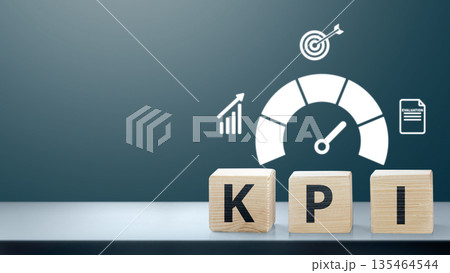 KPI wooden blocks with icons for target, growth, evaluation, and performance measurement. Key Performance Indicator concept for business success and strategic management KPI wooden blocks with icons for target, growth, evaluation, and performance measurement. Key Performance Indicator concept for business success and strategic management 135464544