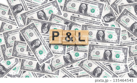 Wooden blocks spelling P and L (Profit and Loss) placed over a background of many US one-dollar bills. Concept for business finance, accounting, income, and financial performance Wooden blocks spelling P and L (Profit and Loss) placed over a background of many US one-dollar bills. Concept for business finance, accounting, income, and financial performance 135464545