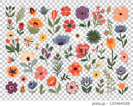 可愛的手繪花卉插畫,柔和色調的粉彩花朵 可愛的手繪花卉插畫,柔和色調的粉彩花朵 135464589
