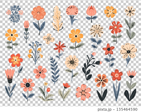 可愛的手繪花卉插畫,柔和色調的粉彩花朵 可愛的手繪花卉插畫,柔和色調的粉彩花朵 135464590