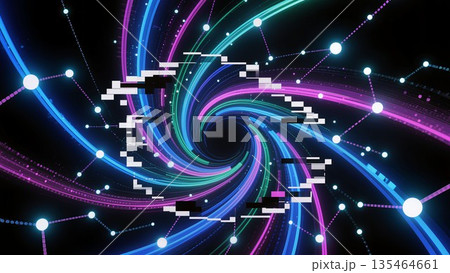 colorful digital wormhole with glitch error mask, network connection swirl with pixel artifacts, 4K 135464661