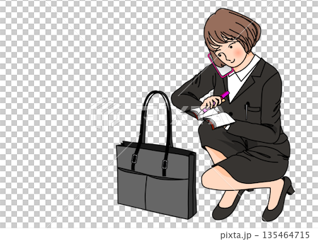 Illustration of a female office worker businesswoman sitting with a smartphone on her shoulder and taking notes, full body front Illustration of a female office worker businesswoman sitting with a smartphone on her shoulder and taking notes, full body front 135464715