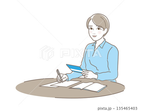 家計簿をつける女性・通帳・貯金・資産運用・ビジネス・ライフプラン・ベクター 135465403