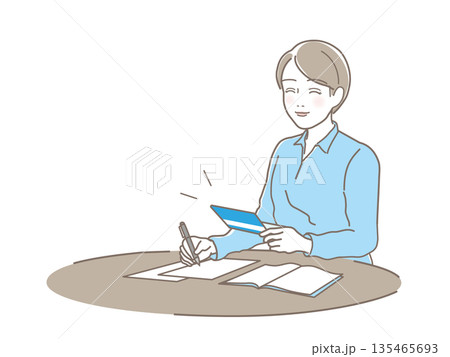 笑顔で通帳と家計簿を見る若い女性・貯金成功・資産運用・将来の安心・ベクター 135465693