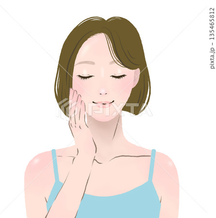 頬に手を当てて目を閉じる女性の美容イラスト 頬に手を当てて目を閉じる女性の美容イラスト 135465812