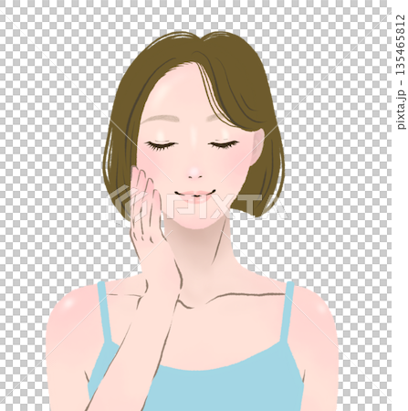 一幅美麗的插畫，描繪了一位雙手托腮、雙眼緊閉的女子。 135465812