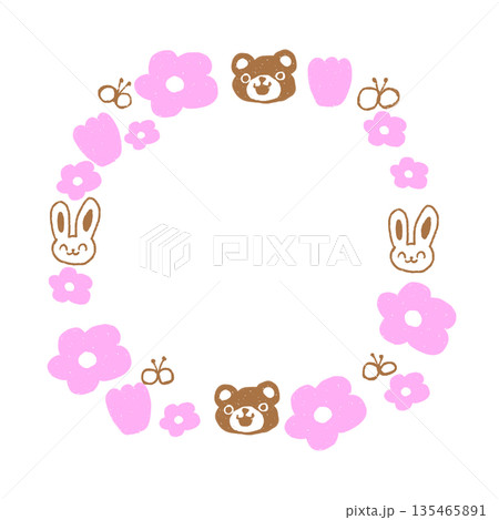 かわいいクマとウサギの花のリースフレーム 保育・子供向け・お知らせ 135465891