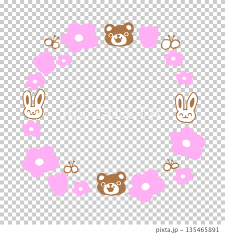 かわいいクマとウサギの花のリースフレーム 保育・子供向け・お知らせ 135465891